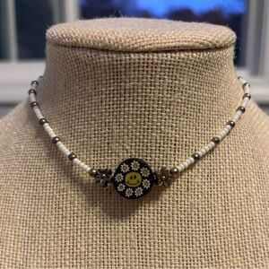 Y2K Seed Bead Clay Smiley Face Choker with Metal Flowers Normcore Clowncore